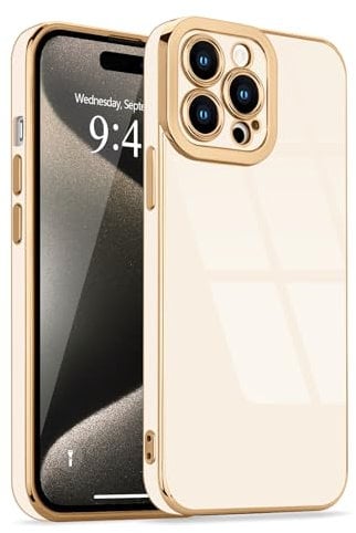 Lafunda for iPhone 15 Pro Case, Luxury Plating for Womens Gilrs Case, Full Camera Protection Soft TPU Bumper Cover, Shockproof Silicone Slim Phone Case for iPhone 15 Pro 6.1, Beige