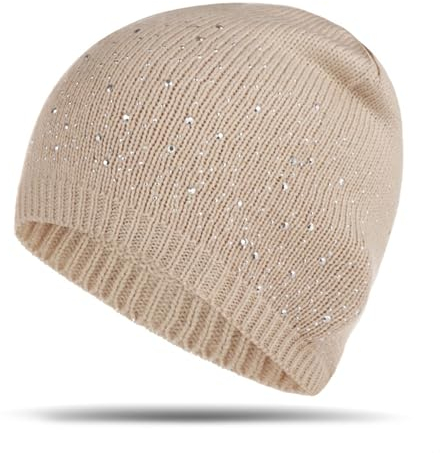 Strickmütze Damen Beanie Mütze mit Strass Slouch Jersey Mütze Fraun Elastisch Weich Bequem Strickmützen 2024 Frühjahr Sommer Glitzer Damenmütze