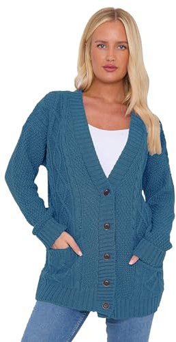 OutfitsbySMILE Women's Ladies Long Sleeve Button Top Chunky Aran Cable Knitted Grandad Cardigan Teal UK Size 12/14