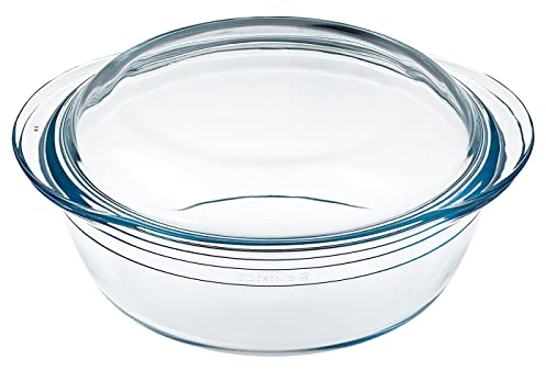 ACAN Tradineur - Cacerola redonda de vidrio borosilicato con tapa, molde, fuente para horno, lasaña, apta para microondas, asar, hornear - 3 litros - 26,5 x 23 x 11,2 cm