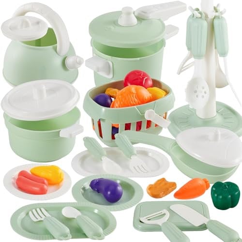 TOEY PLAY Pretend Play Toy Kitchen Set, Pots and Pans, Play Food Dish Set, Cookware Playset with Basket and Cooking Utensil Holder, Gifts for Kids Girls Boys