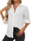 SPRING SEAON Womens Blouse and Shirts Long Sleeve Button Down Shirts Chiffon Collared V-Neck Loose Pleated Office Casual Business Work Tops White