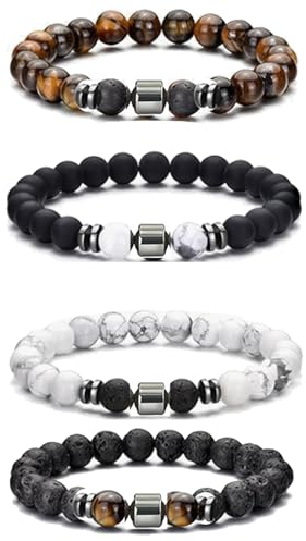 TREABEAR 4Pcs Chakra Armband Herren mit Schmuck Geschenkbox, Heilsteine Armband, Turmalin Armband, Tigerauge Armband, Lavasteine Perlen Armbänder, Armband Männer, Chakra Armband Echte Steine