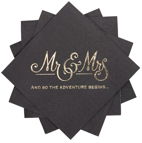Hochzeitsservietten, Einweg-Servietten, Goldfolie, Mr and Mrs, Papierservietten für Hochzeit, Dinner-Party, 3-lagig, schwarz, 100 Stück
