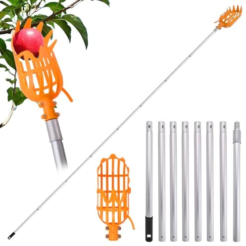 Raccoglitore per mele con manico telescopico da 3,2 m, strumento raccogli frutta con palo di collegamento e cestino in acciaio inox, facile da montare