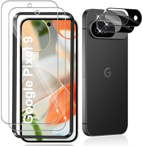 Datree 2 Piezas Protector de Pantalla para Google Pixel 9 con 2 Piezas Protector de Lente de Cámara (Negro), Dureza 9H Sin Burbujas, HD Anti-Arañazos Cristal Templado Película