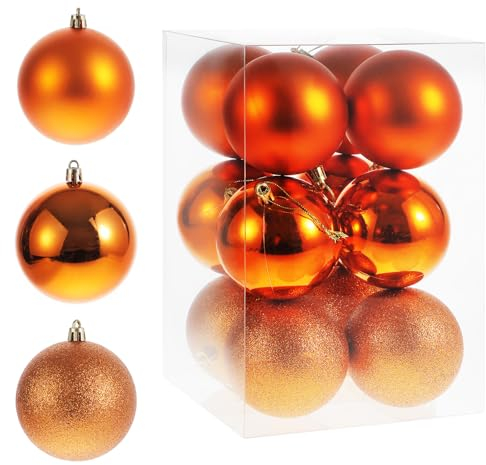 RELONGGI 8cm Weihnachtskugeln Orange - 12pcs Christbaumkugeln aus Plastik, Splitterfrei, 3stile und in Tollen Farben (Orange, 8cm)