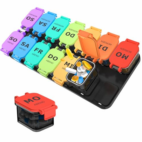 Tablettenbox 7 Tage Morgens Abends, Abnehmbar Extra Große Pillendose 7 Tage 2 Fächer Medikamentenbox 7 Tage für Vitamine, Nahrungsergmcänzungsmittel, XL Medikamenten Organizer Tablettenbox 14 Tage