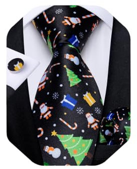 DiBanGu Mens Weihnachten Krawatte Set Lustige festliche Krawatte Gewebte Pocket Square Manschettenknöpfe Set mit Geschenkbox, Schwarz und Grün Weihnachtsbaum
