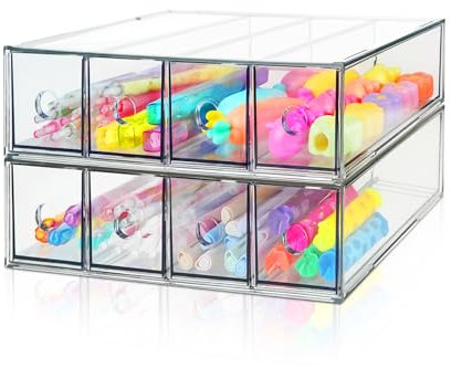 2 Packs Schubladenbox Schreibtisch mit 8 Schubladen, Acryl Stapelbar Schreibtisch Organizer Schubladen, Klar Schubladenbox Klein Make-up, Sonnenbrillen Stationery Organizer für Büro (2 Packs)