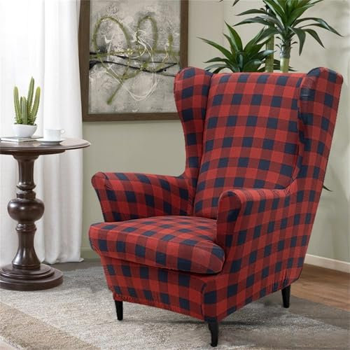Hixingo 2-Teilig Ohrensessel Überzug, Weihnachtsdrucke Sesselbezüge, Abnehmbar Polyester Ohrensessel Bezug, für Wohnzimmer Schlafzimmer Hotel Sesselschoner (Kariert)