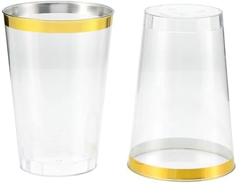 MUKSEUT 100 PCS 360 ml Gold Rimmed Plastic Cups, Plastic Wine Glasses Reusable, Clear Plastic Tumblers Drink Cups for Champagne Beer Soda