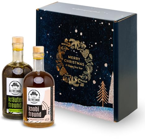 Die Ölfreunde Weihnachtsbox „Winterwunderland“ 2 x Gewürzöl|2 erlesene Speiseöle|hochwertige kaltgepresste Öle|Geschenkidee für Weihnachten