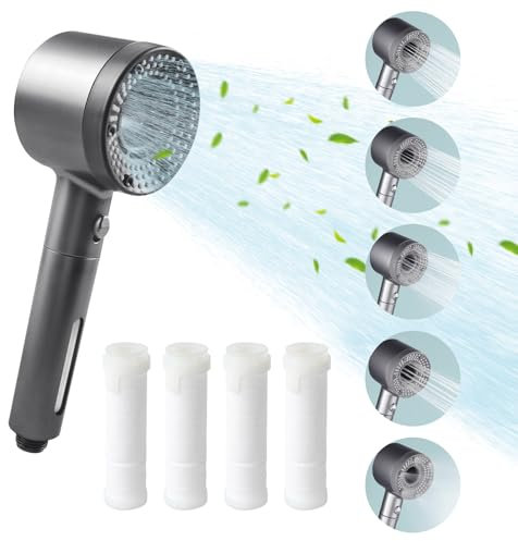Yuqilin Pommeau de douche haute pression, cinq niveaux réglables, pommeau de douche, avec fonction d'arrêt de douche, douche pour douche, livré avec 4 pièces de coton filtrant (Noir)