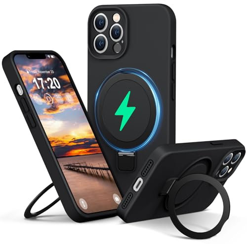 PuyaTeya Liquid Silicone Case for iPhone 13 pro max with Magnetic Ring Stand, Upgraded camera lens protection, Mil-Grade Drop Shockproof, Anti-Scratch Microfiber Lining Silicone Case(Black)
