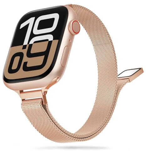 Tuocal Schmal Armband Kompatibel mit Apple Watch Armband 38mm 40mm 41mm 42mm(Series 10), Schlank Milanese Mesh Metall Apple Watch Armband für iWatch Series 10 9 8 7 6 5 4 3 2 1 SE Damen, Roségold