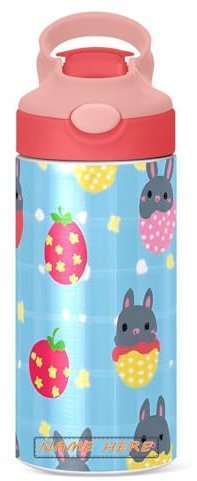 Coole Wasserflasche mit Osterhasen-Motiv, 340 ml, Edelstahl, BPA-frei, isolierte Wasserflasche für Jungen, mit auslaufsicherem verschließbarem Deckel, Strohhalm und Tragegriff