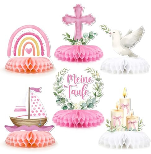 BETESSIN Tischdeko Taufe Mädchen Rosa - 6 Stück Meine Taufe Deko mit niedlichen Motiven - Bienenwabe Mittelstück - Taufdeko für Mädchen & Jungen