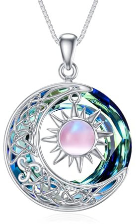 REDSUN Mondstein Kette 925 Sterling Silber Sonne und Mond Anhänger mit Mondstein Halskette Silber Sonne und Mond Schmuck Keltischer Mond Schmuck Weihnachts Geschenke für Frauen Mädchen