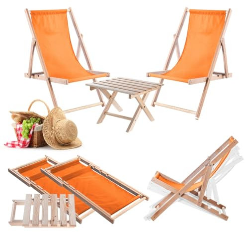 KADAX Klapptisch mit 2 Liegestühlen, Kleiner Gartentisch aus Holz, Beistelltisch für Balkon und Garten, Kaffeetisch klein, Balkontisch klappbar (Orange)