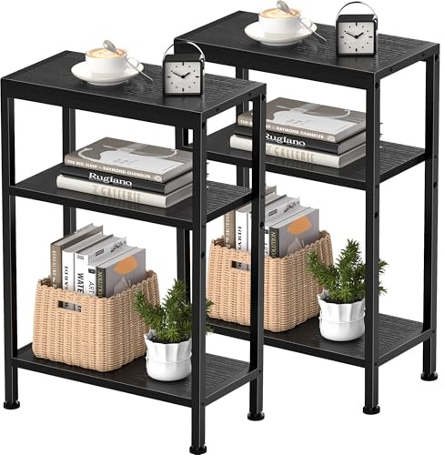 Vantimo Schmaler Beistelltisch, Nachttisch, 2er Set, Kleiner Tisch, 3 Ablagen Nachttisch Schmal mit Stauraum, Sofa beistelltisch für schmale Räume, Wohnzimmer, Schlafzimmer, Küche &Balkon (Schwarz)