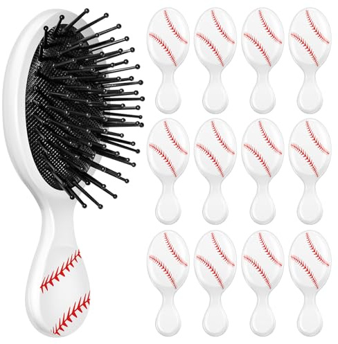 12 Pcs baseball Mini Detangler Brush, Mini Travel Hair Brush, Bristles Plastic Detangling Brush, No Tangle Soft Flexible Bristles for Straight, Curly, Thick Hair for baseballl Team Gift Sport Party