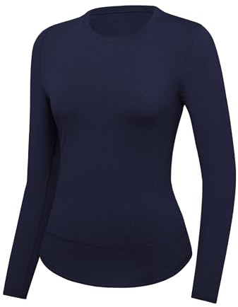 Gyabnw Thermal Tops Womens Sports Long Sleeve Base Layer Ladies Crew Neck Underwear for Running Yoga Training Navy Blue
