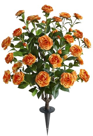 momoplant 95cm Artificial Camellia Trees, Outdoor Fake Camellia Flowers Plant with Ground Spike, Faux Blooming Plants for Decor Front Porch Indoor or Home Office (Orange)