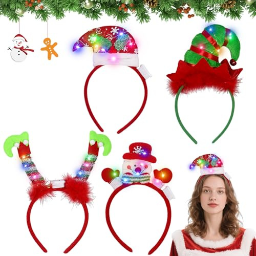 Booaee Weihnachts Haarreif,4Stück Beleuchtete Weihnachten Stirnbänder LED Haarreif Weihnachten mit Weihnachtself Schneemann Kopfschmuck Weihnachts Weihnachtshaarreifen Haarschmuck für Weihnachtsfeier