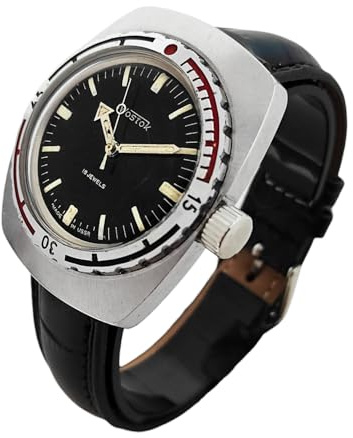 Boctok Vostok Armbanduhr, manuell, sowjetisch, maximale Tiefe 200 m, Zifferblattfarbe schwarz, gelbe Zeiger