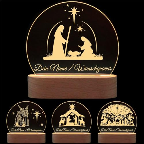 die-veredler Personalisierte Weihnachtskrippe Nachtlicht aus Holz & Acryl – Mini Krippenlicht mit Gravur, Adventsdeko & Geschenk Kinder Familie Weihnachten – festliche Beleuchtung (Weihnachtskrippe)