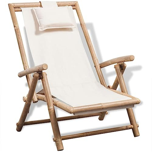 Ziaphsol Bambus Liegestuhl mit Segeltuch, Verstellbarer Relaxsessel für Garten, Terrasse, Balkon, klappbarer Outdoor Stuhl, Bequeme Terrassenmöbel, 62x86x(71-91) cm