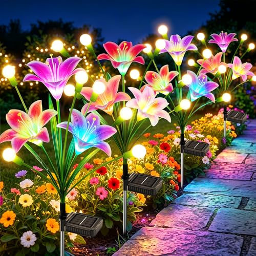 BUCASA Firefly Solarlampen für Außen Garten, 4 Stück 36LED Hell Solarleuchten für Außen mit Warmweiß Glühwürmchen und Farbig Lilien Blumen, Upgraded Swinging Solar Gartenleuchten für Wege Höf Balkon