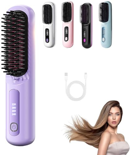 Brosse chauffante pour cheveux courts, Brosse à Lisser 3 Niveaux de Chauffage et écran LED et rechargeable via USB,Brosse lissante chauffante, légère et portable (Violet)
