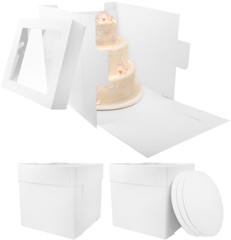 Hcunbsu 3 Stück Tortenbox 30.5X30.5X30.5cm, Tortenkartons, Kuchen Transportbox mit Transparentes Sichtfenster, Tortenbox mit 3 Kuchenrunde Bretter, Weiße Kuchenkarton für Torten, Gebäck, Dessert