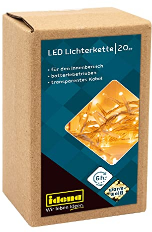 Idena 8582052 - LED Lichterkette mit 20 LED in warmweiß, mit 6 Stunden Timer Funktion, batteriebetrieben, ca. 1,8 m lang, für den Innenbereich, als Deko für Partys, Weihnachten, Hochzeit