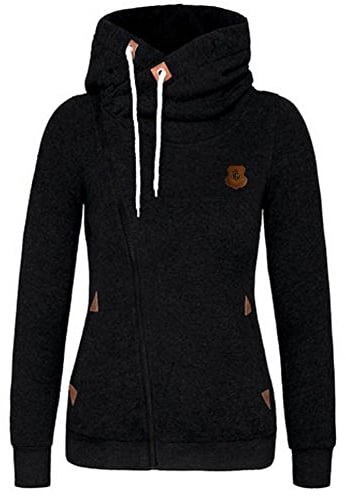 Newbestyle Women Spring and Autumn Oblique Zipper Hoodies Sweatshirt Coat, Black, L