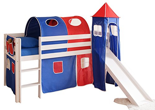 Hochbett mit Rutsche und Turm Spielbett Kasper Kiefer massiv Weiss