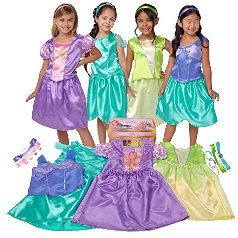 Disney Princess Dress Up Trunk - 21-teiliges Deluxe-Kostüm-Set mit Arielle, Jasmin, Tiana & Rapunzel Outfits mit Zubehör & Aufbewahrungskoffer - Amazon Exclusive