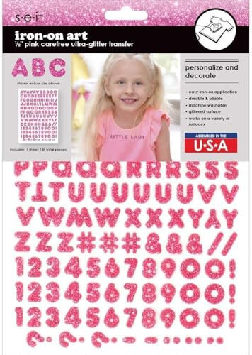 Sei 1/2 Inch Carefree Glitter Letters & Numbers Iron on Transfer, Pink, 1-Sheet
