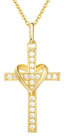 FANCIME 925 Sterling Silber Gold Vergoldet Herz Anhänger Kreuz Kette für Frauen Mädchen Baby Kinder - Kettenlänge: 40 + 5 cm