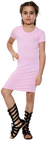 Gum & Berries Girls Bodycon Dress Midi Plain Long Dresses Stretch Round Neck Short Sleeve Outfit Baby Pink - 9-10 Years