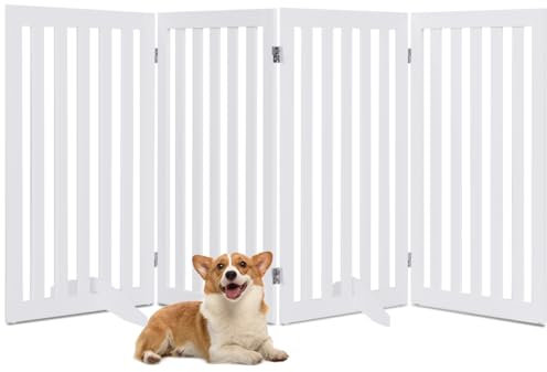 COSTWAY Folding Pet Gate, 89cm Freestanding Wooden Dog Fence, 4 Panels Safety Barrier for Doorway, Stairs, Up to 203cm Wide