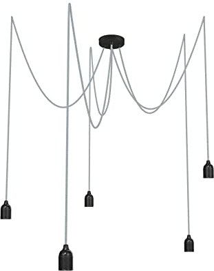 Relight Pendelleuchte 5-flammig Kraken (höhenverstellbar), E27 Lampenfassungen aus Bakelit, 5x 5 Meter Textilkabel Leinen-Blau Zick Zack