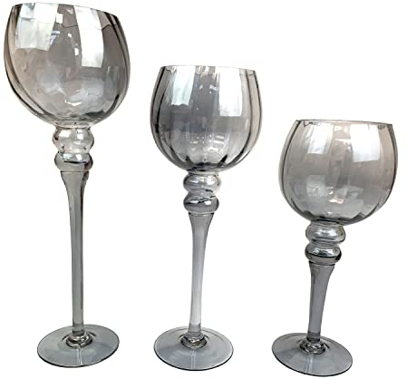 3tlg. Set Glaskelch Windlicht Kelche H40/35/30cm Grau Rillenoptik, Kerzenhalter Kerzenständer Teelichthalter