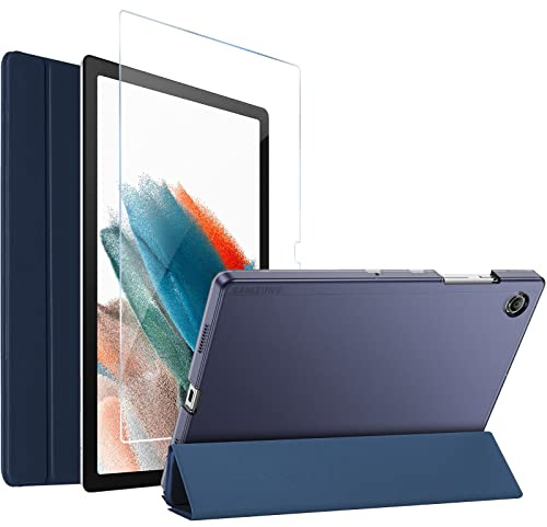 ProCase Hülle mit Glas Displayschutzfolie für Galaxy Tab A8 10.5”(SM-X200/ X205) Dreifach Falt Klapp Schutzhülle Case Smart Cover mit Screen Protector -Navy