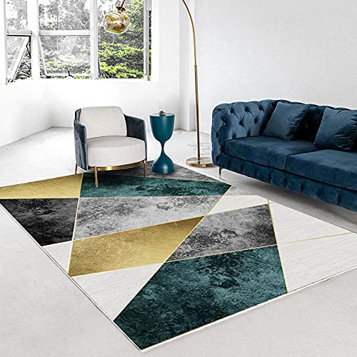 makeups1 Klassischer Orientteppich, Abstraktes grünes Gold geometrisch, Kurzflor Waschbarer Anti-Rutsch Ornamente Muster Teppich 130 x 180 cm