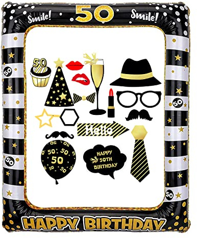 Aufblasbarer Selfie-Rahmen und Fotoautomaten-Requisiten zum 50. Geburtstag, riesige, schwarz-Goldfarbene Dekoration für Damen und Herren, Geburtstagsparty, Partyzubehör