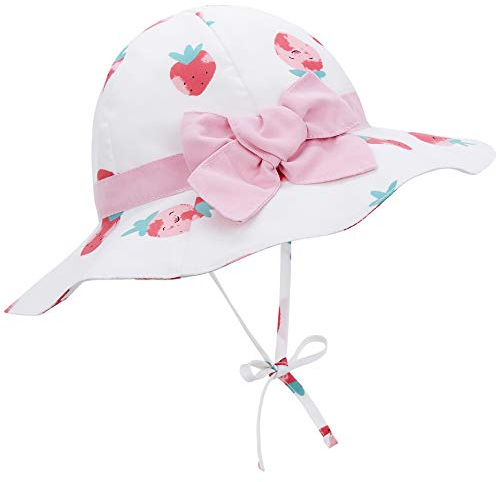 Durio Sonnenhut Kinder Baby Mädchen Sommerhut Sonnenschutz UPF 50 Sommer Kinderhut Fischerhut mit Breite Krempe Weiß mit Erdbeere XL 4-8 Jahre