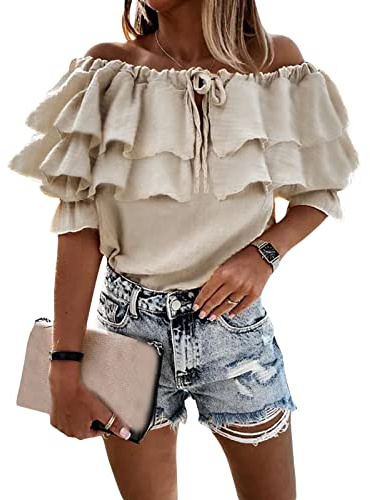 FeMereina Chemisier pour femme à manches longues avec volants, épaules dénudées, blouses décontractées superposées, avec liens, en mousseline, pour l'été, kaki, XXL